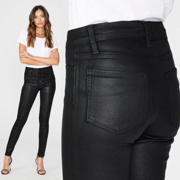 NEW Paige Black Coated Button Front High Rise Jeans Size 23 Hoxton Ultra Skinny - Picture 2 of 14